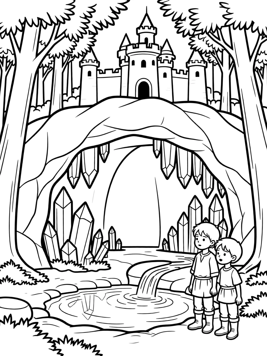 A hidden grotto beneath the castle and forest where healing waters flow from crystal formations