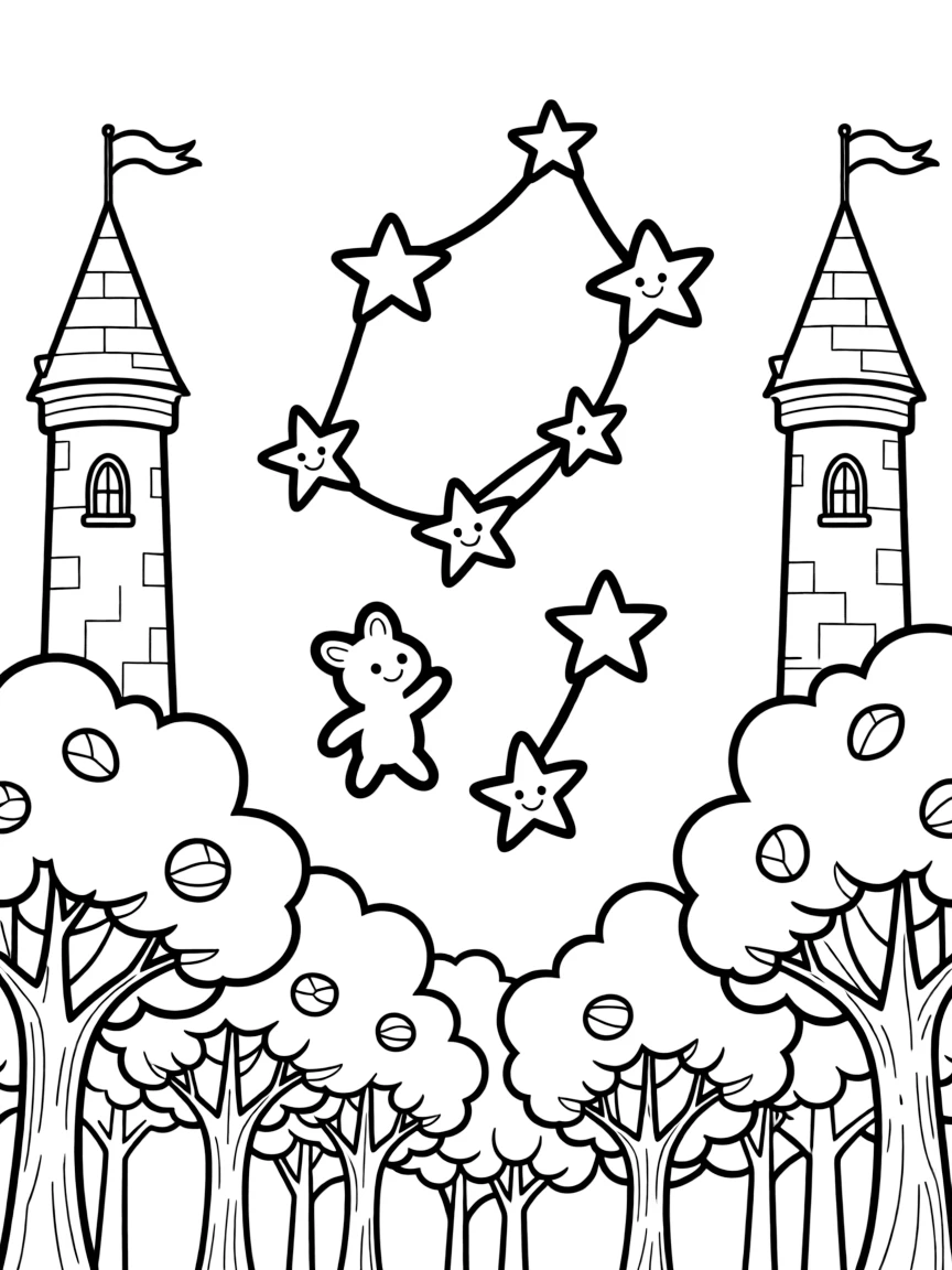 Constellations coming to life and dancing between castle towers and forest canopies