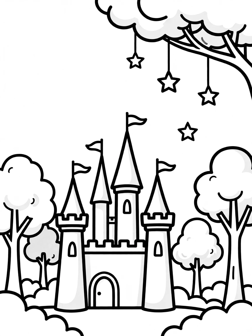 Stars descending to rest on castle spires and forest branches before dawn