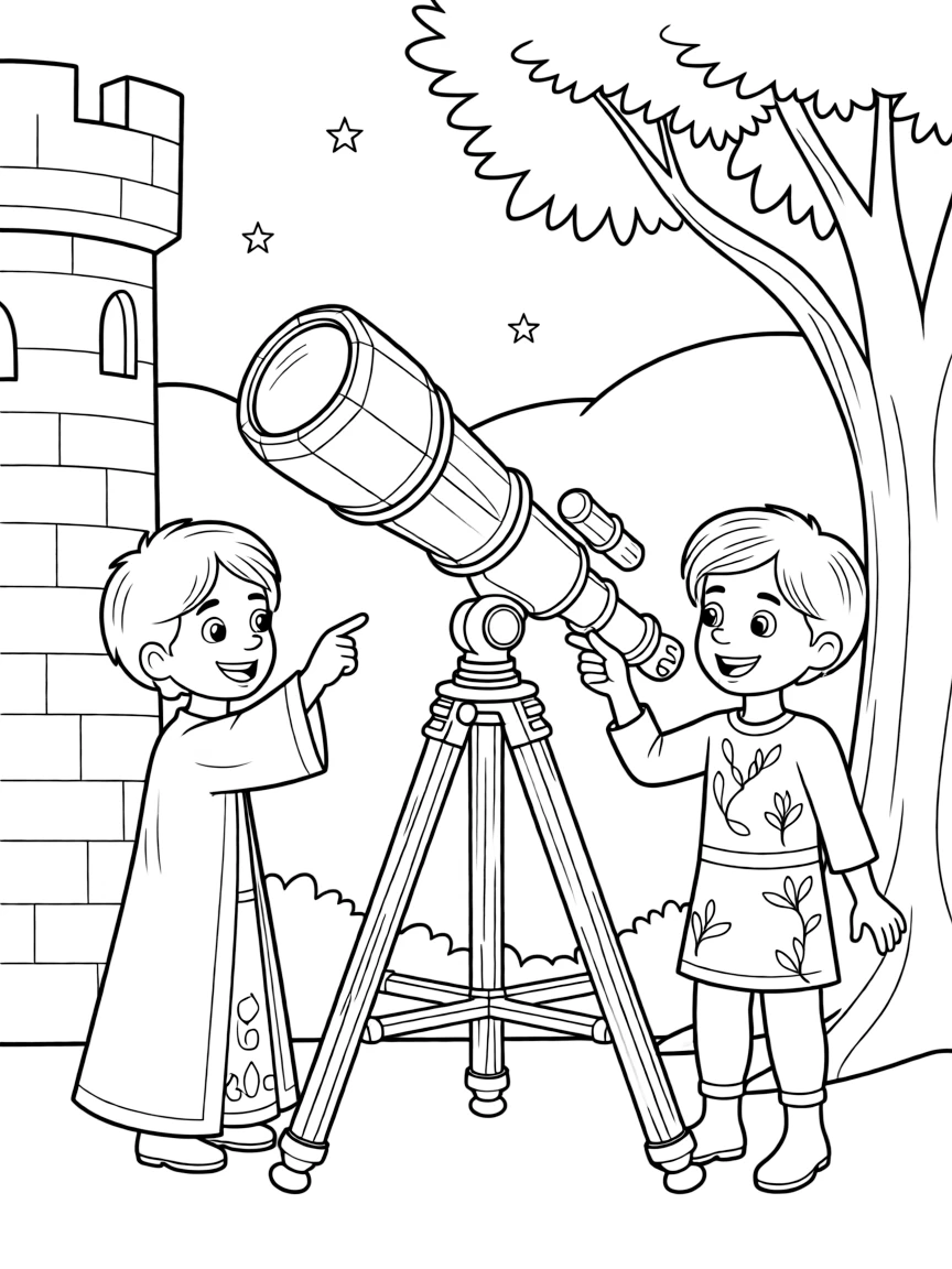 Castle astronomers and forest stargazers sharing knowledge by a telescope made from crystal