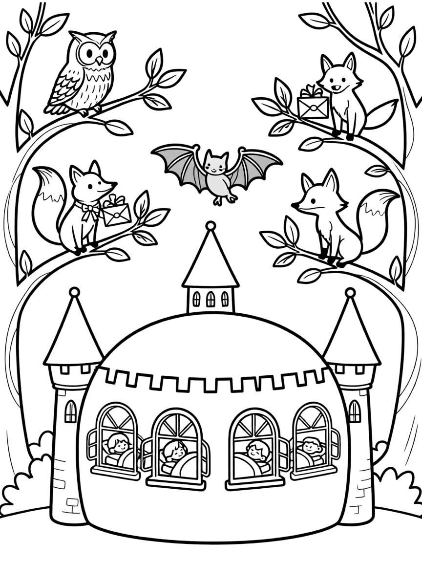 Nocturnal forest creatures delivering dream messages to sleeping castle residents
