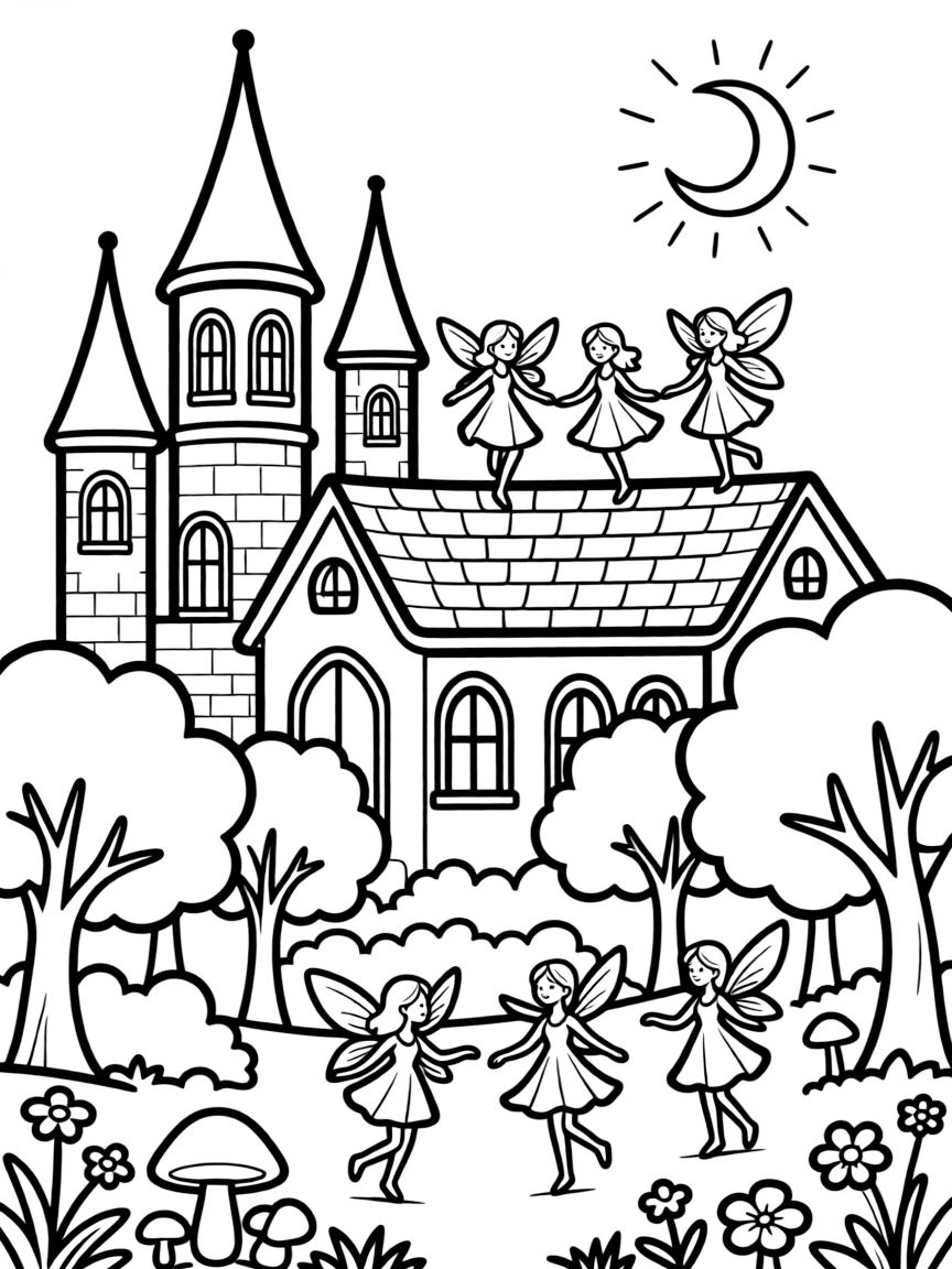 A midnight ball where moon sprites dance on the castle roof and forest clearings