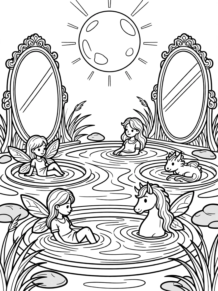 Moon bathing pools where magical creatures rejuvenate in moonlight reflected off castle mirrors
