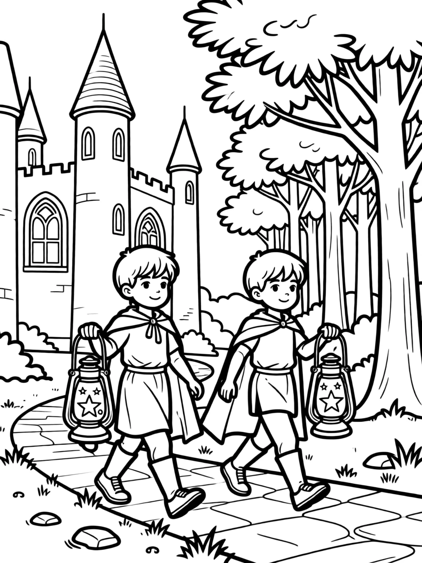 Night guardians patrolling the boundaries between castle and forest with lanterns of starlight