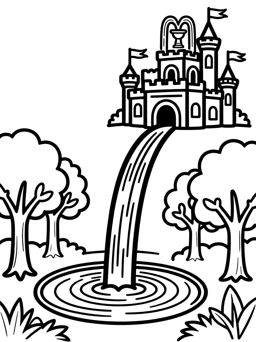 A magical waterfall flowing upward from a forest pool to a castle fountain