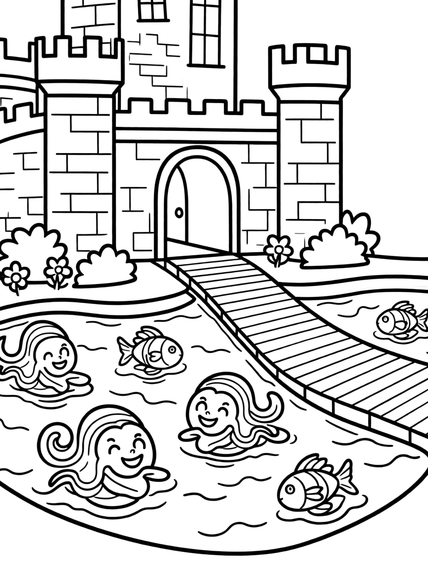 A moat surrounding the castle filled with friendly water spirits and glowing fish