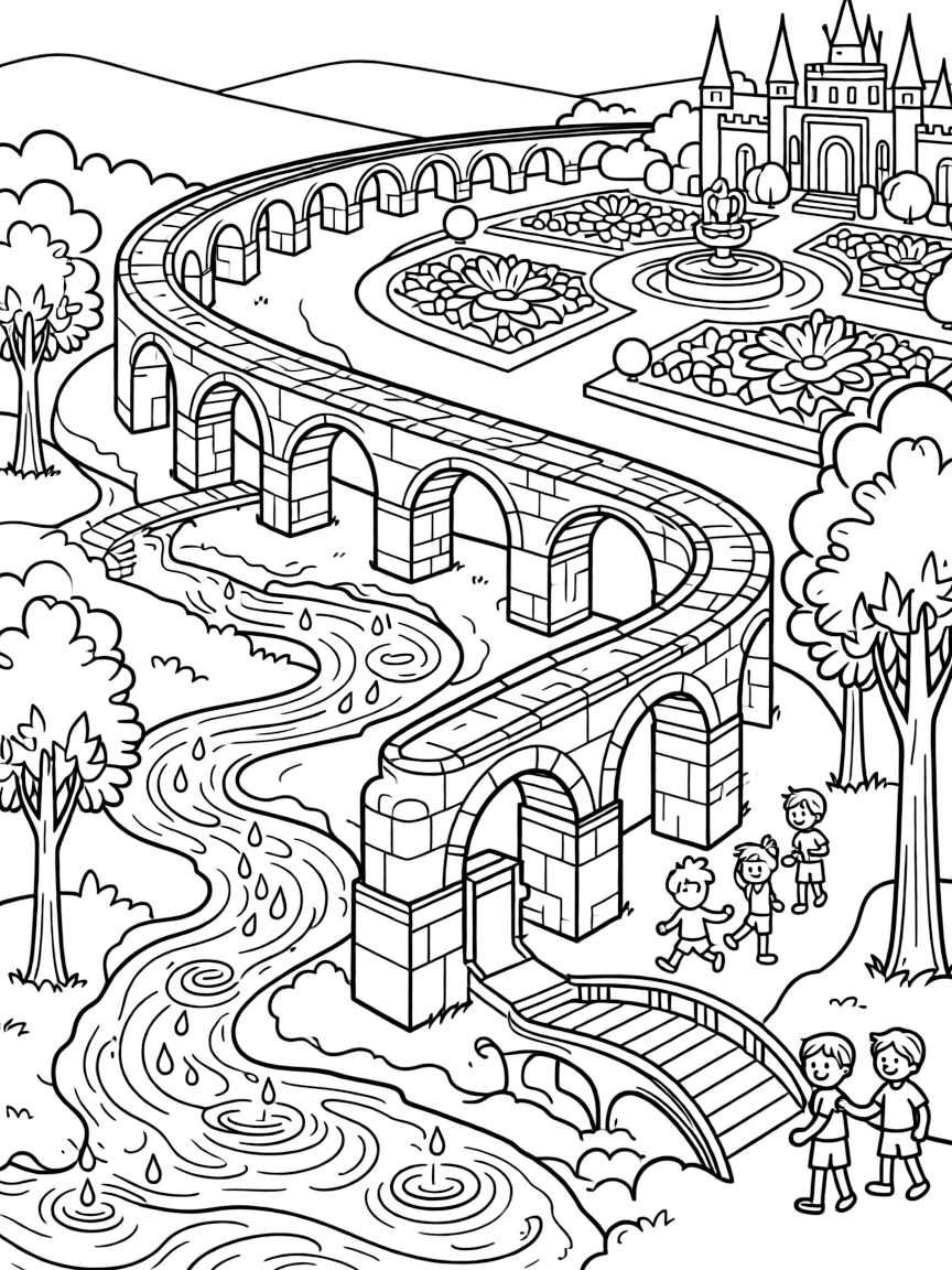 A system of aqueducts carrying enchanted water from forest springs to castle gardens