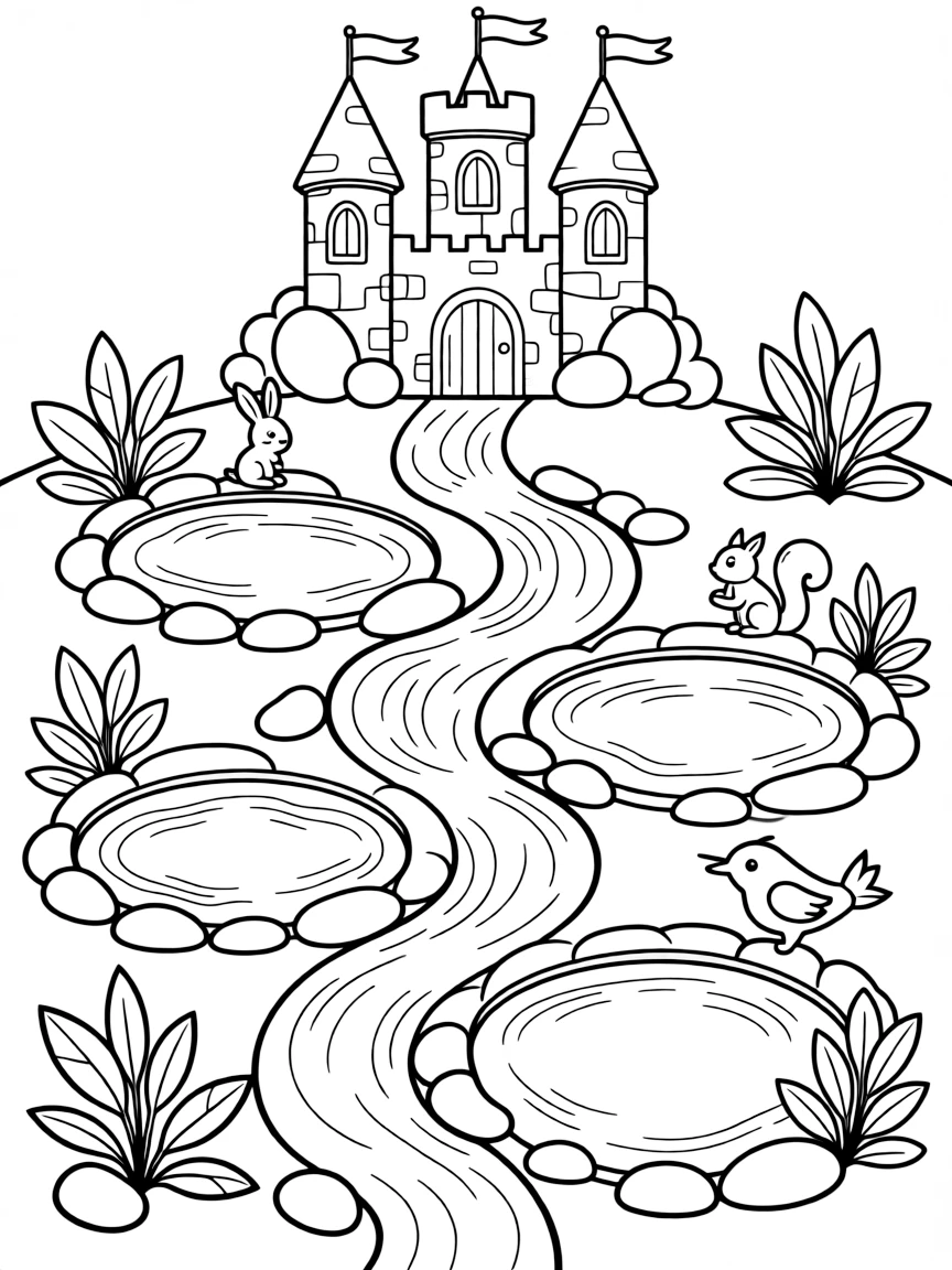 A series of forest pools connected by flowing streams that form a map of the castle above