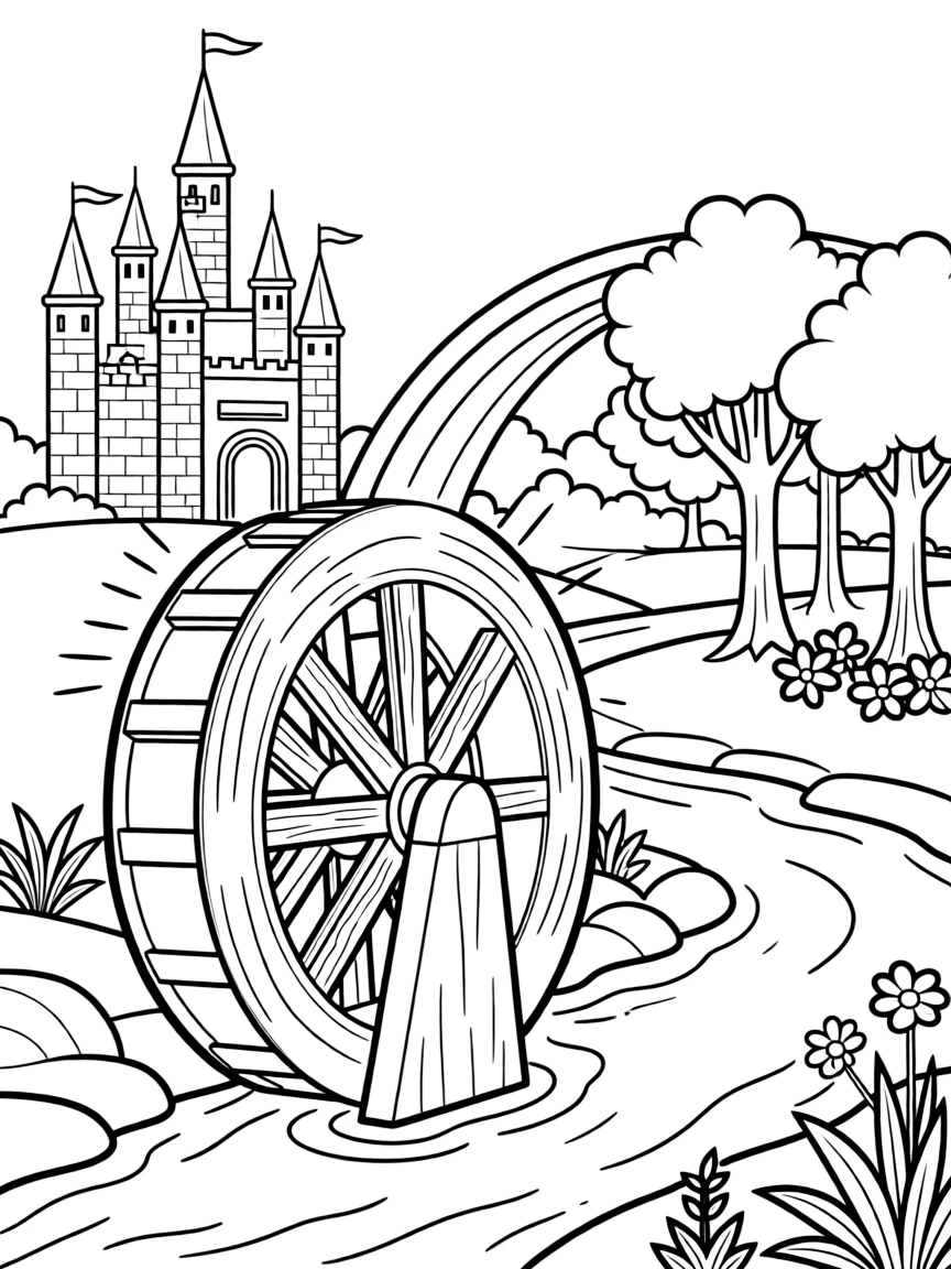 A magical water wheel generating rainbow light for both castle and forest