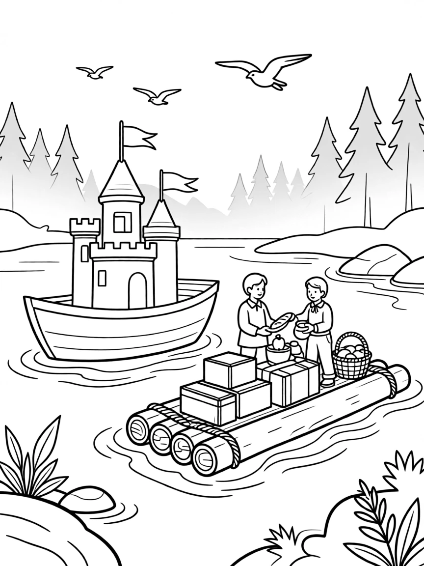 A mist-covered lake where castle boats and forest rafts meet for trading goods