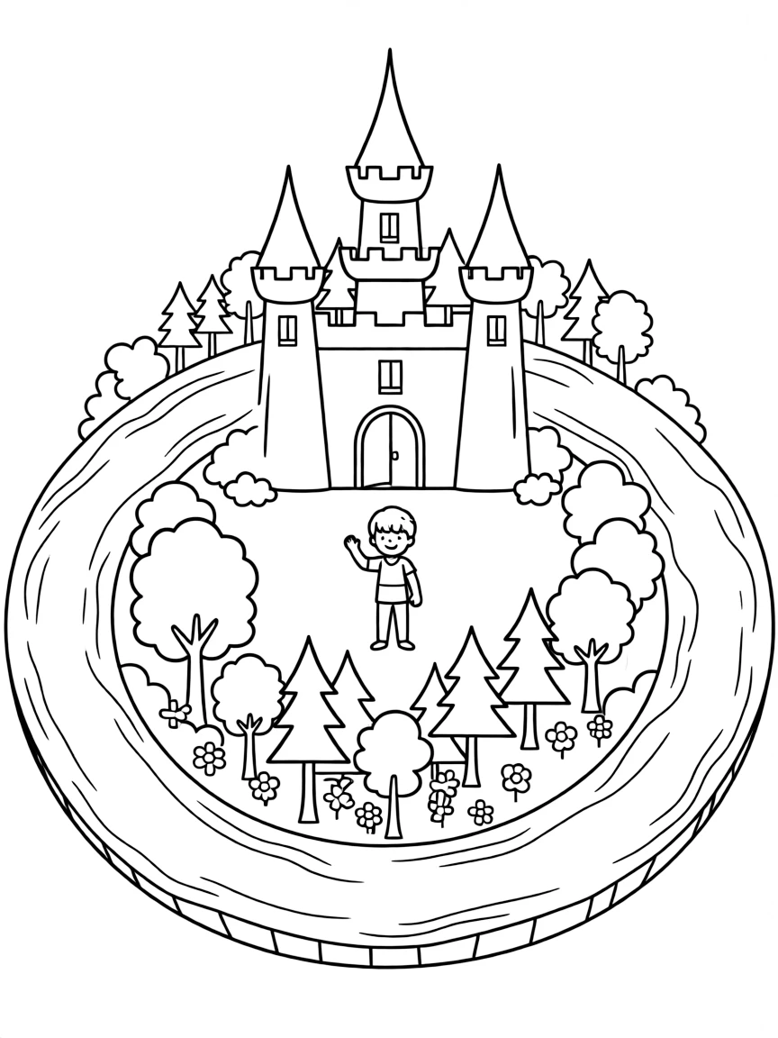 A river dividing and encircling the castle and forest, joining again to form a perfect circle