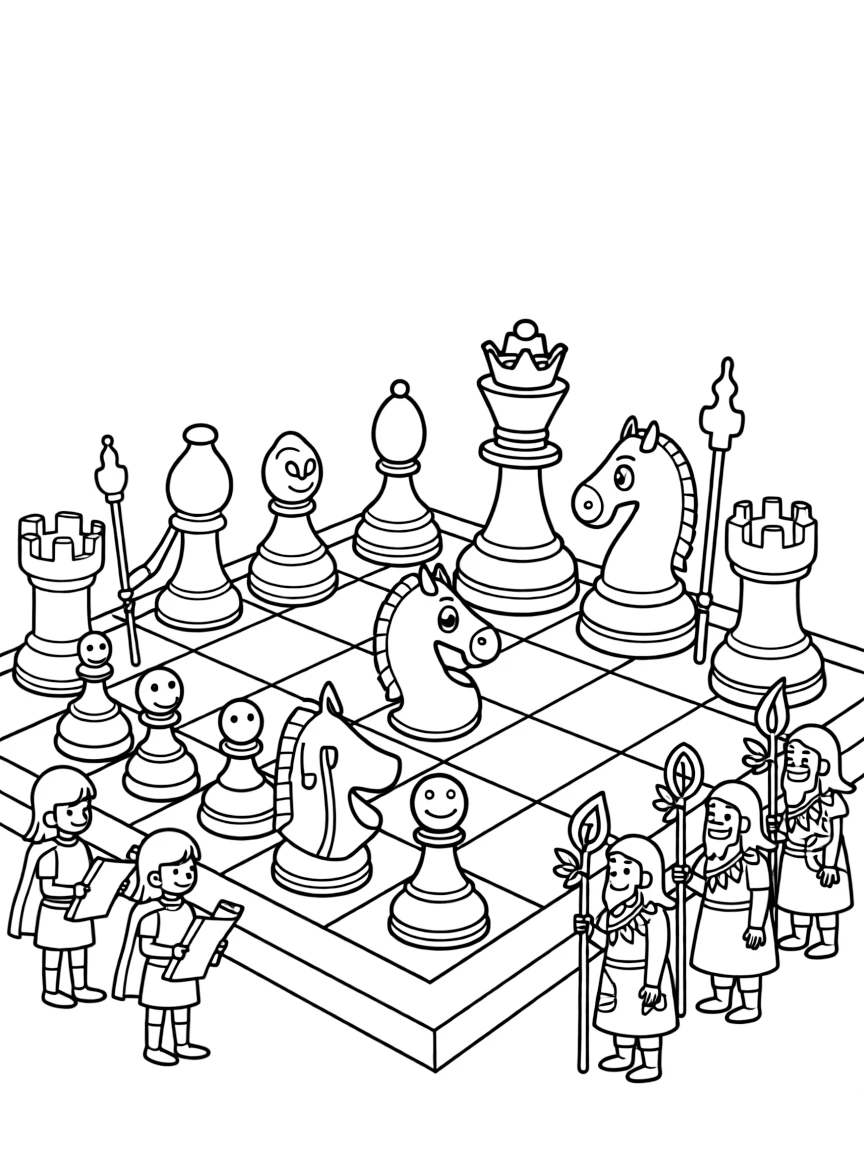 A giant chess set with pieces that come to life, played between castle strategists and forest elders