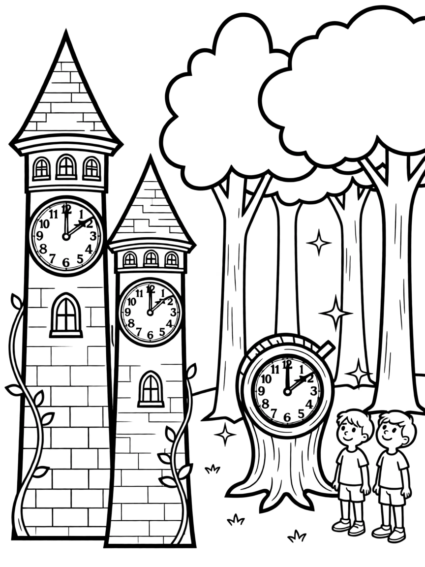 Magical timepieces synchronized between castle towers and forest clearings