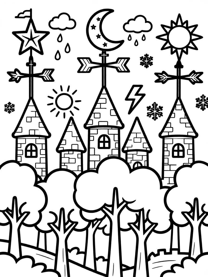 Magical weathervanes on castle roofs that control small areas of weather in the forest
