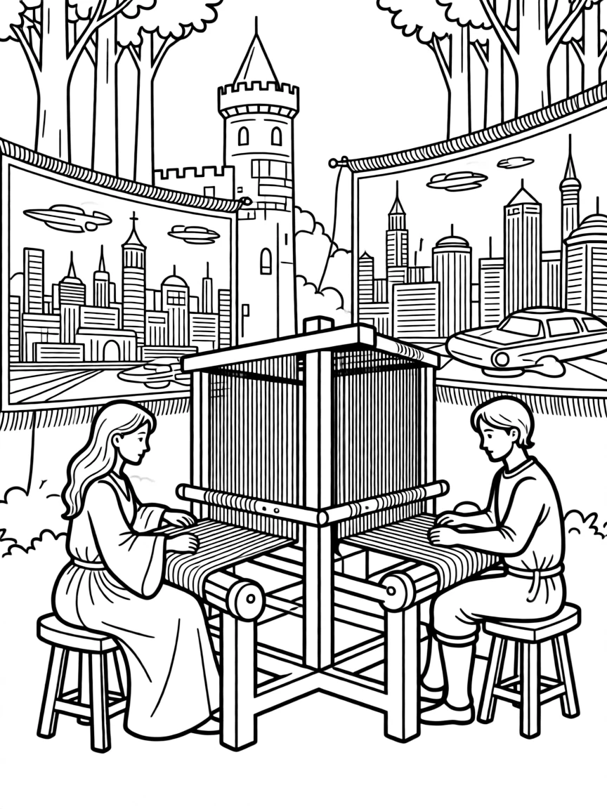 Enchanted tapestries that show scenes of the future woven by castle and forest craftspeople