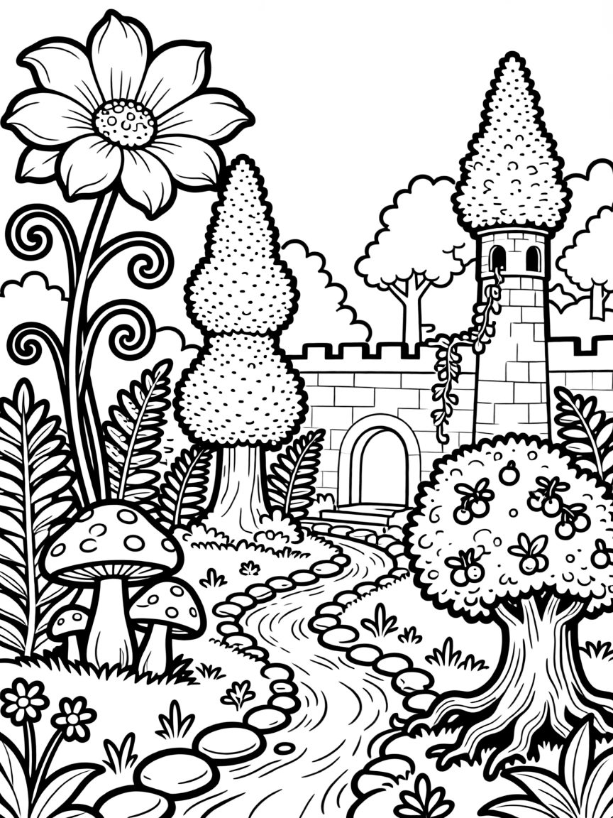 Magical gardens where plants from castle and forest grow together in impossible combinations