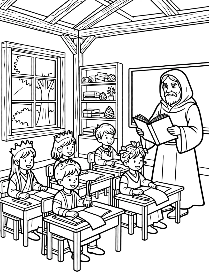 A school room where young royals and forest children learn together under a wise teacher