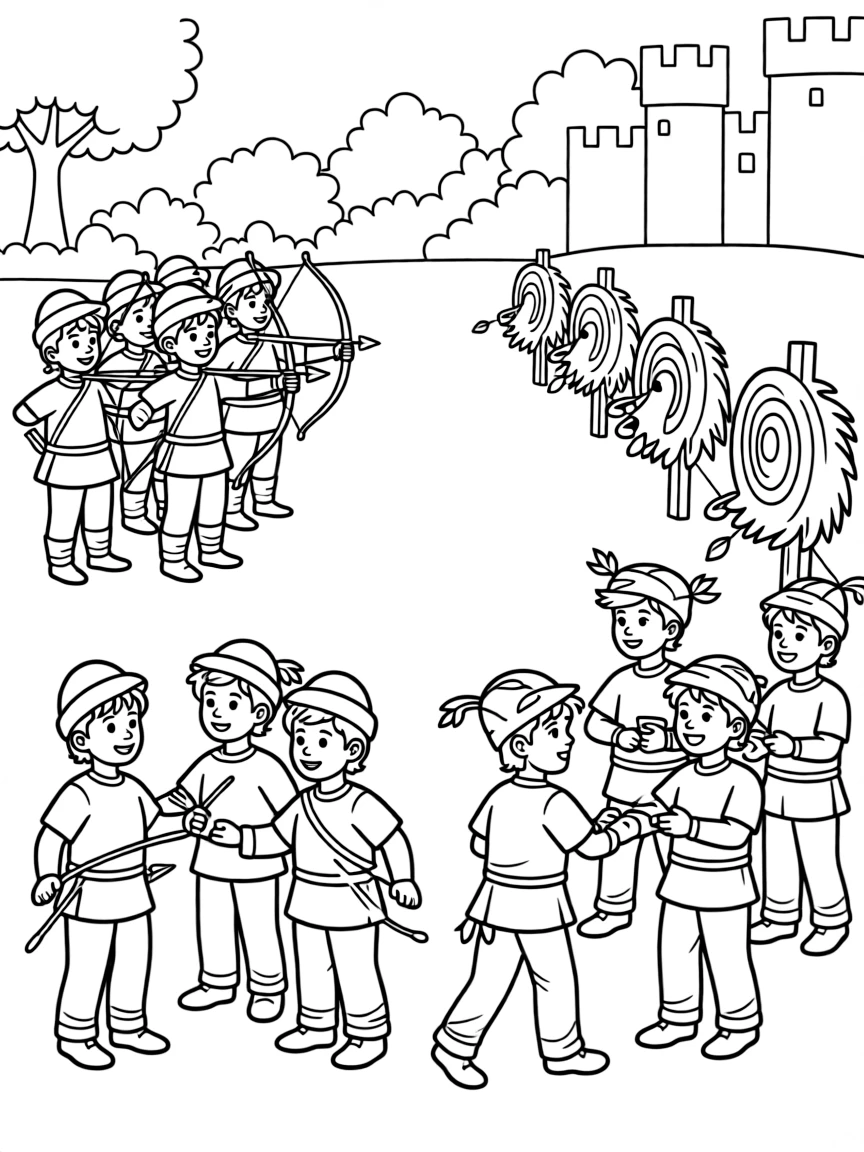 An archery range where castle archers and forest hunters share techniques and friendly competition