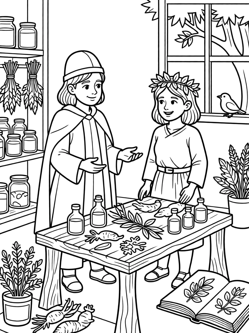 An herbalist workshop where castle physicians and forest healers exchange knowledge of remedies