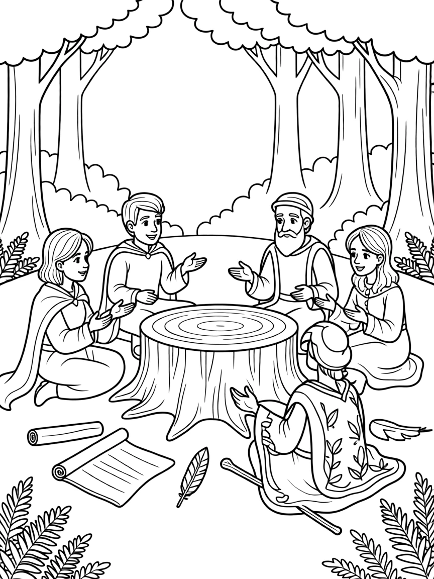 A storytelling circle where castle historians and forest elders preserve ancient legends