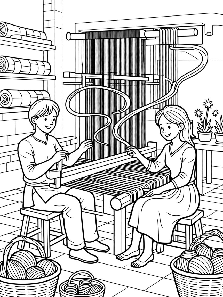 A weaving center where castle artisans and forest crafters create magical textiles together