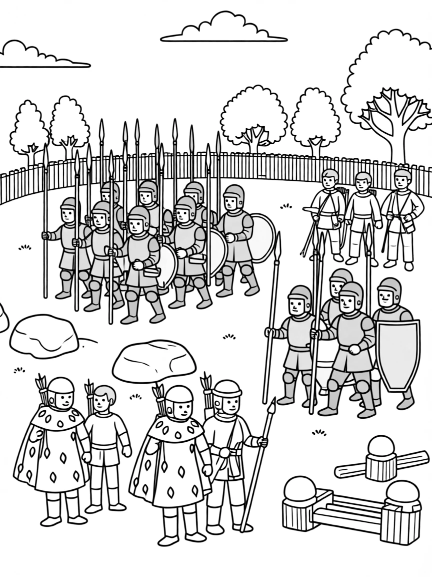 A training ground where castle guards and forest protectors practice defensive formations