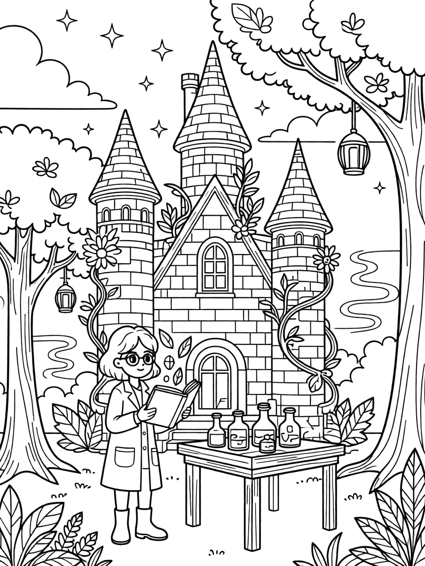 A magical research laboratory combining castle technology with forest natural magic
