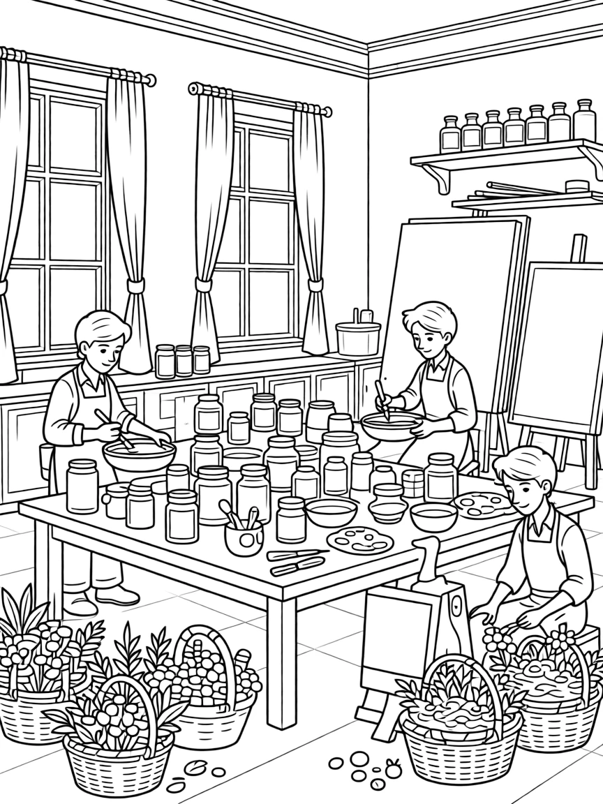An artistic studio where castle painters and forest color-makers create new pigments