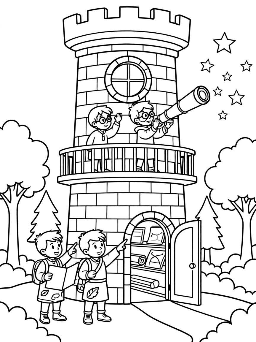 A navigator's tower where castle astronomers and forest pathfinders study the stars together