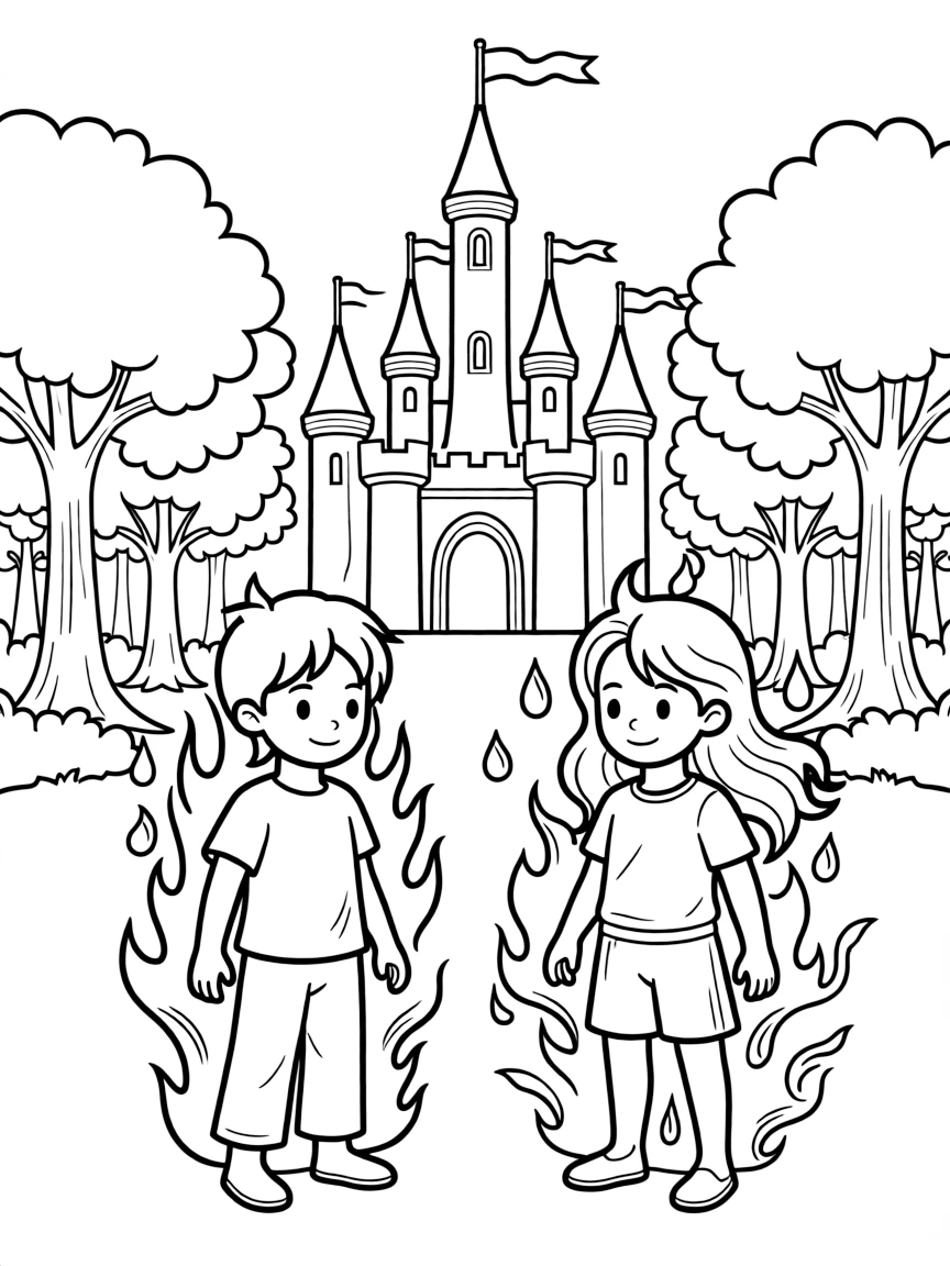 Fire and water elementals working together to create enchanted mist around castle and forest