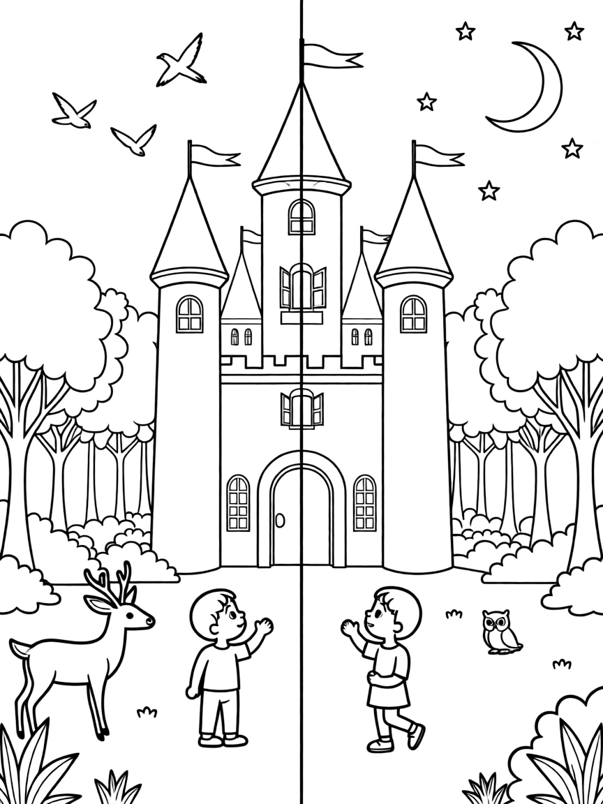 Day and night scenes divided perfectly down the center of a unified castle and forest landscape
