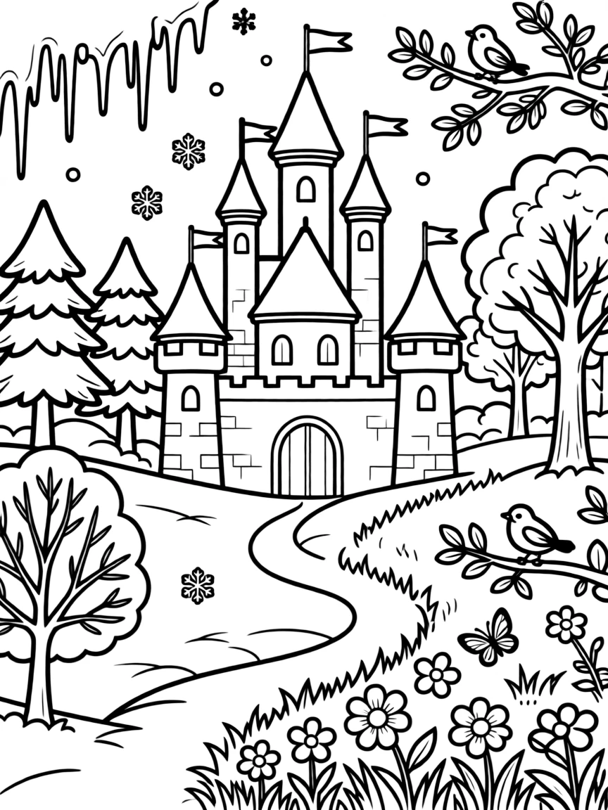 Winter and summer coexisting on opposite sides of the castle and forest with spring in between