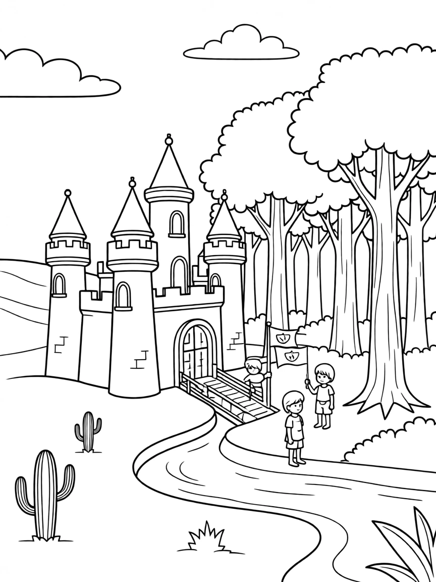 A magical boundary where desert meets forest with the castle straddling both ecosystems