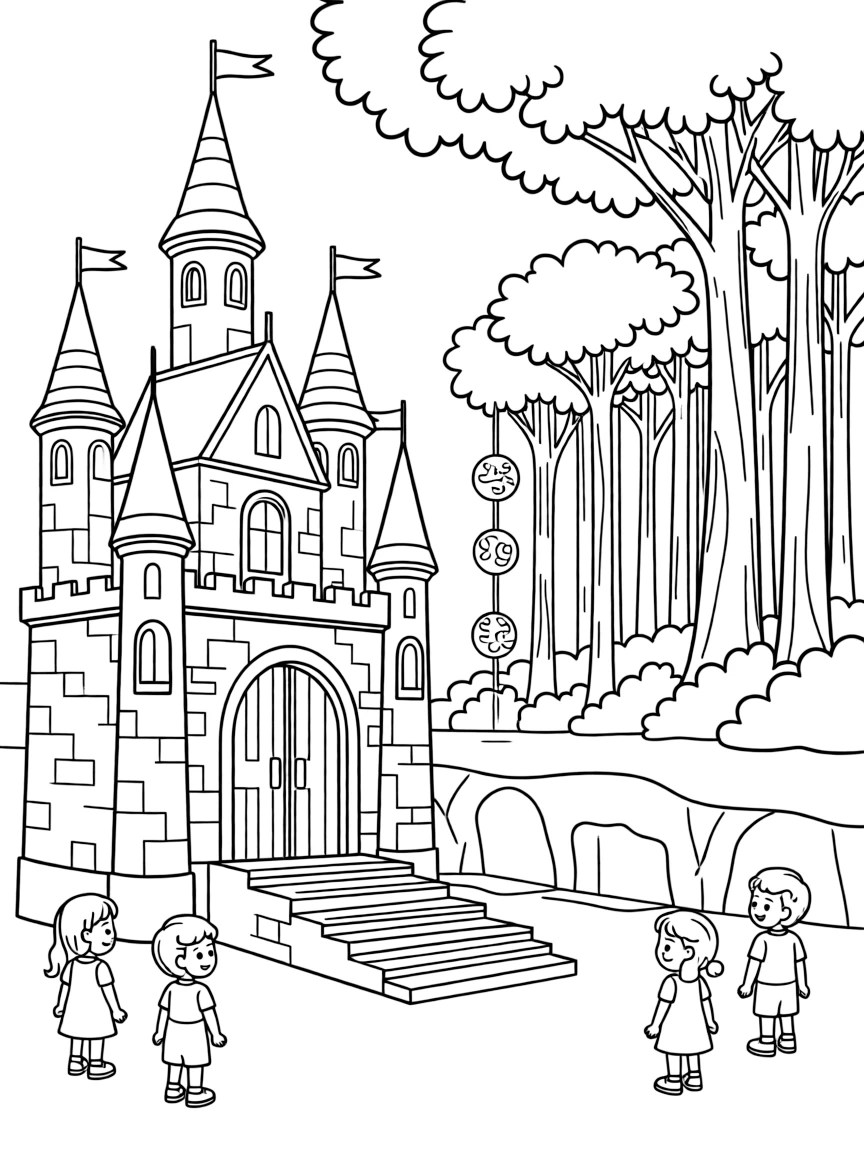 Celestial and underground realms connected through the castle and forest by magical elevators