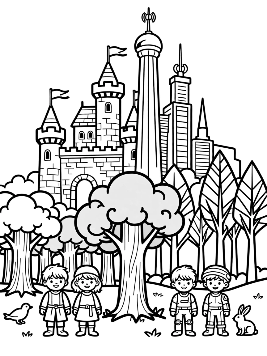 Past and future versions of the castle and forest overlapping, shown by different coloring styles