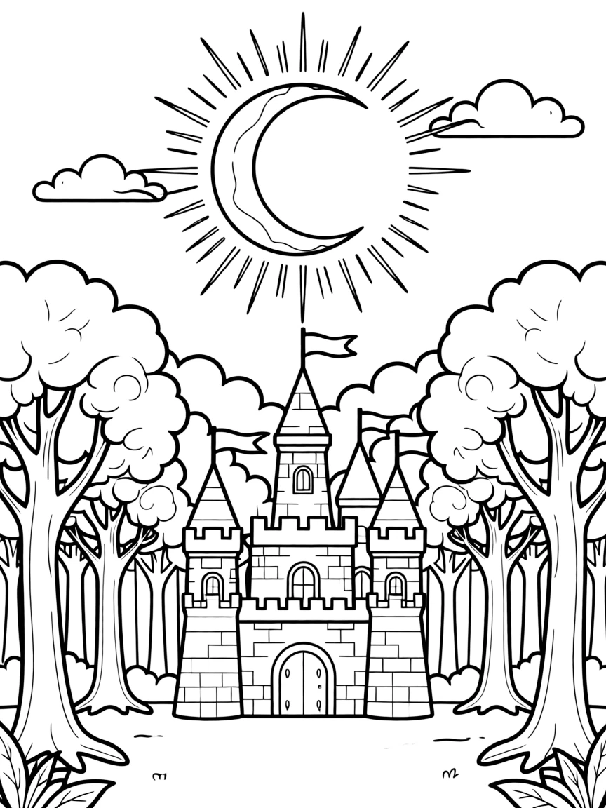 Reality and dreams merging in a twilight scene of castle and forest during a magical eclipse