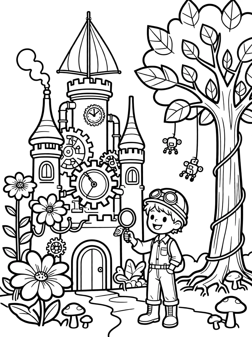 Technology and nature combined in a steampunk castle with biological forest components