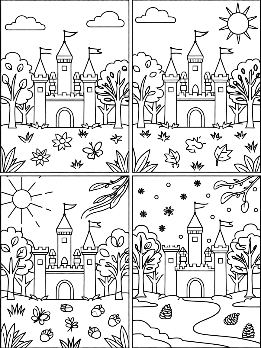 A panoramic scene showing the castle and forest through four seasons simultaneously