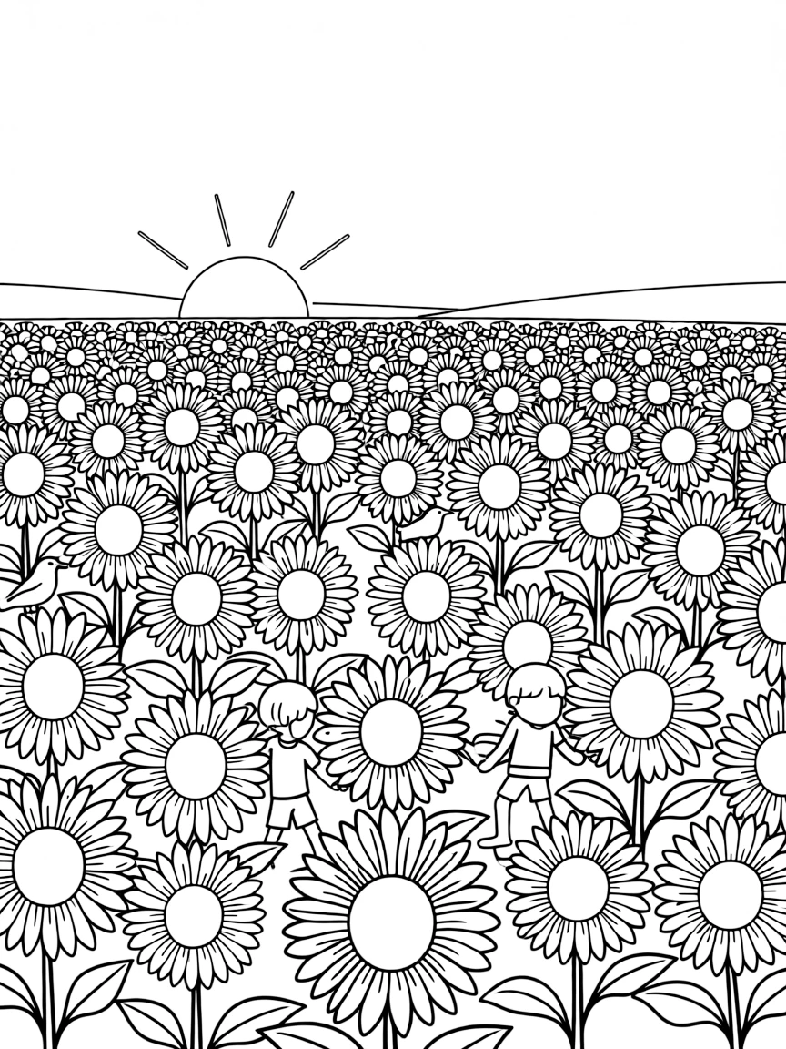 A sunflower field at sunset with birds perched on some flowers