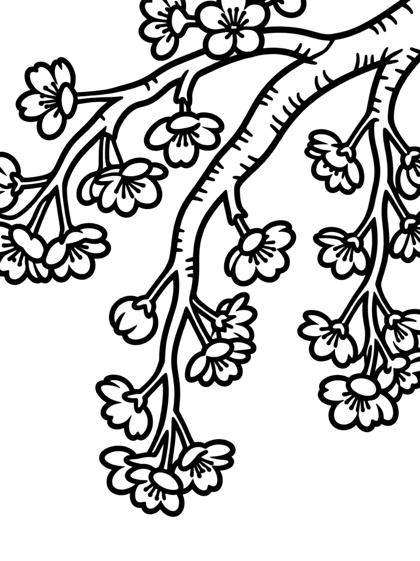 Delicate cherry blossoms hanging from twisted branches