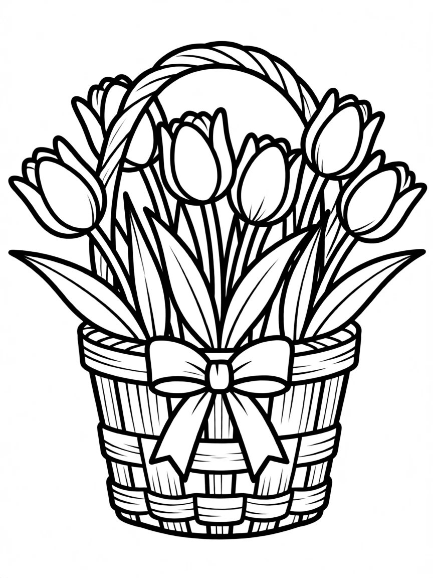 Tulips in a wooden basket with a ribbon tied around the handle