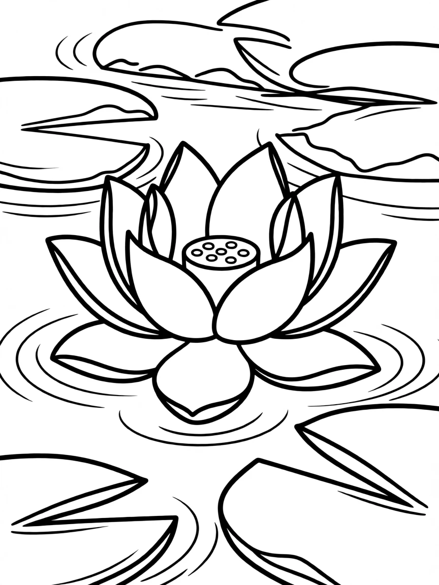 A close-up of a lotus flower floating on a pond with lily pads