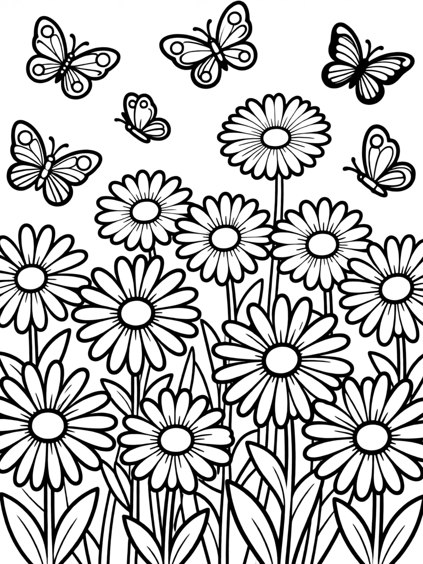 A garden of daisies with butterflies hovering nearby