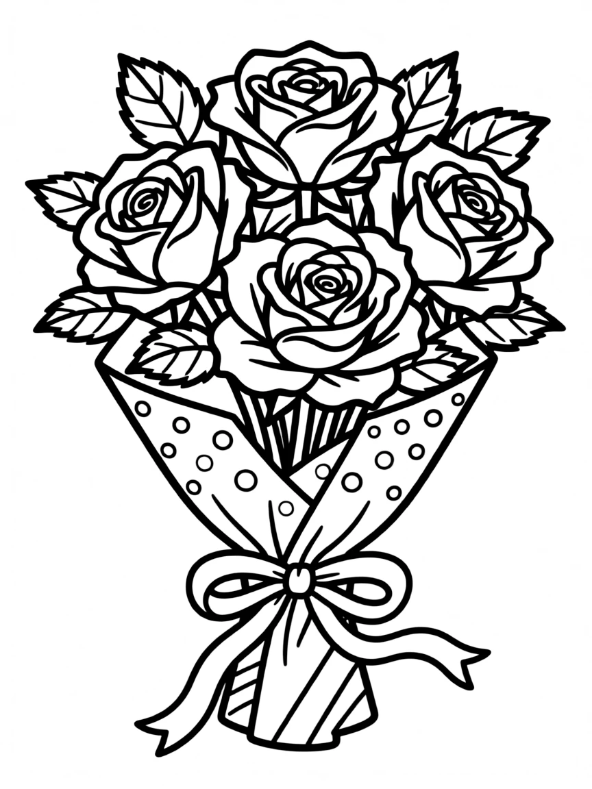 A bouquet of roses wrapped in decorative paper