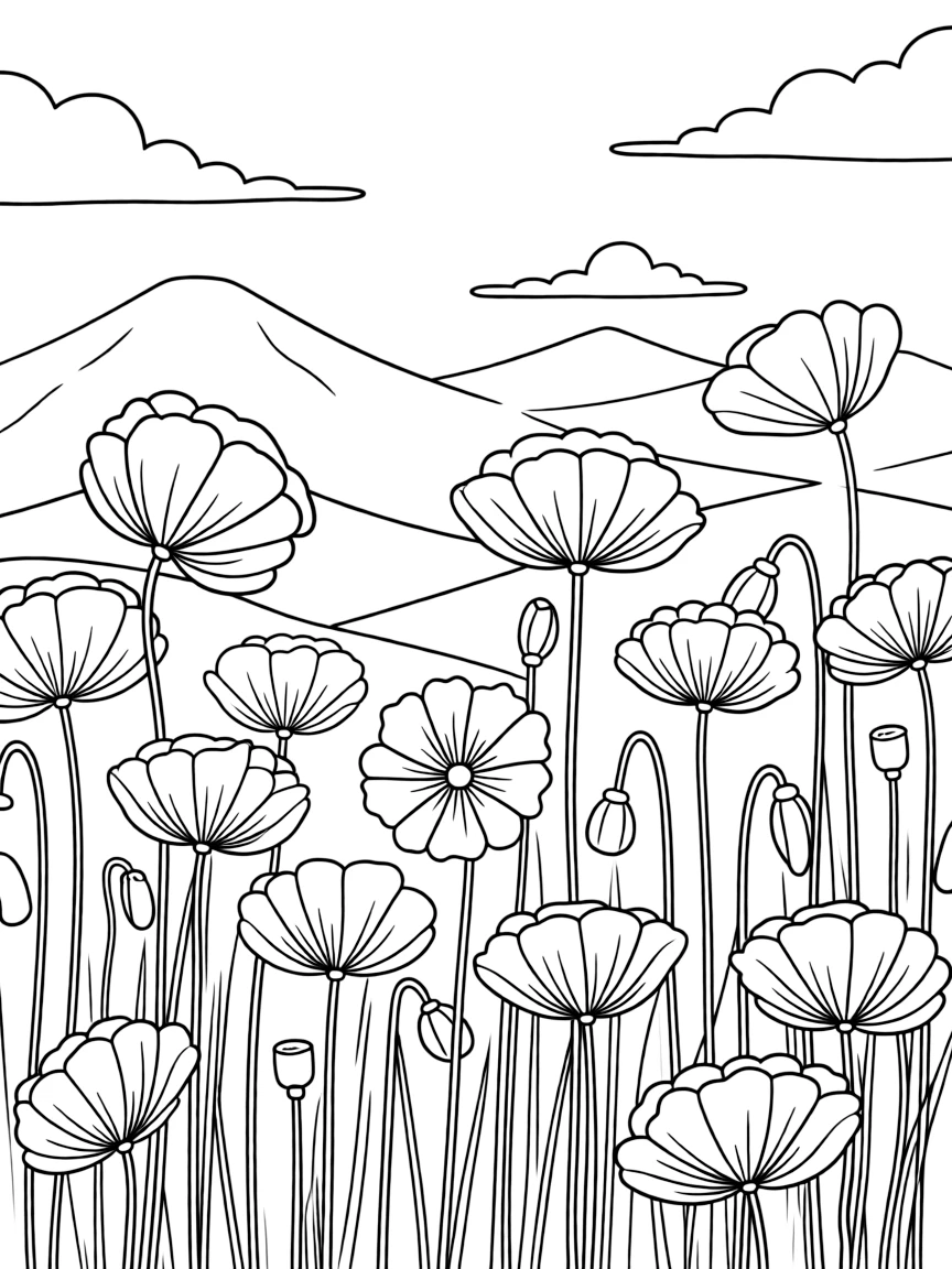 Poppies swaying in a meadow with mountains in the background