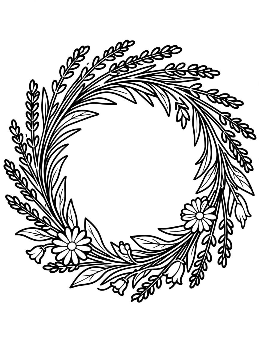 A wreath made of lavender sprigs and wildflowers