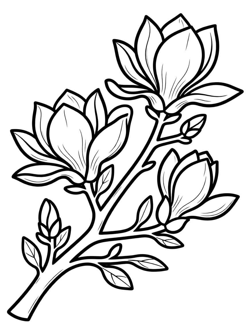 Magnolia blossoms on a branch with buds