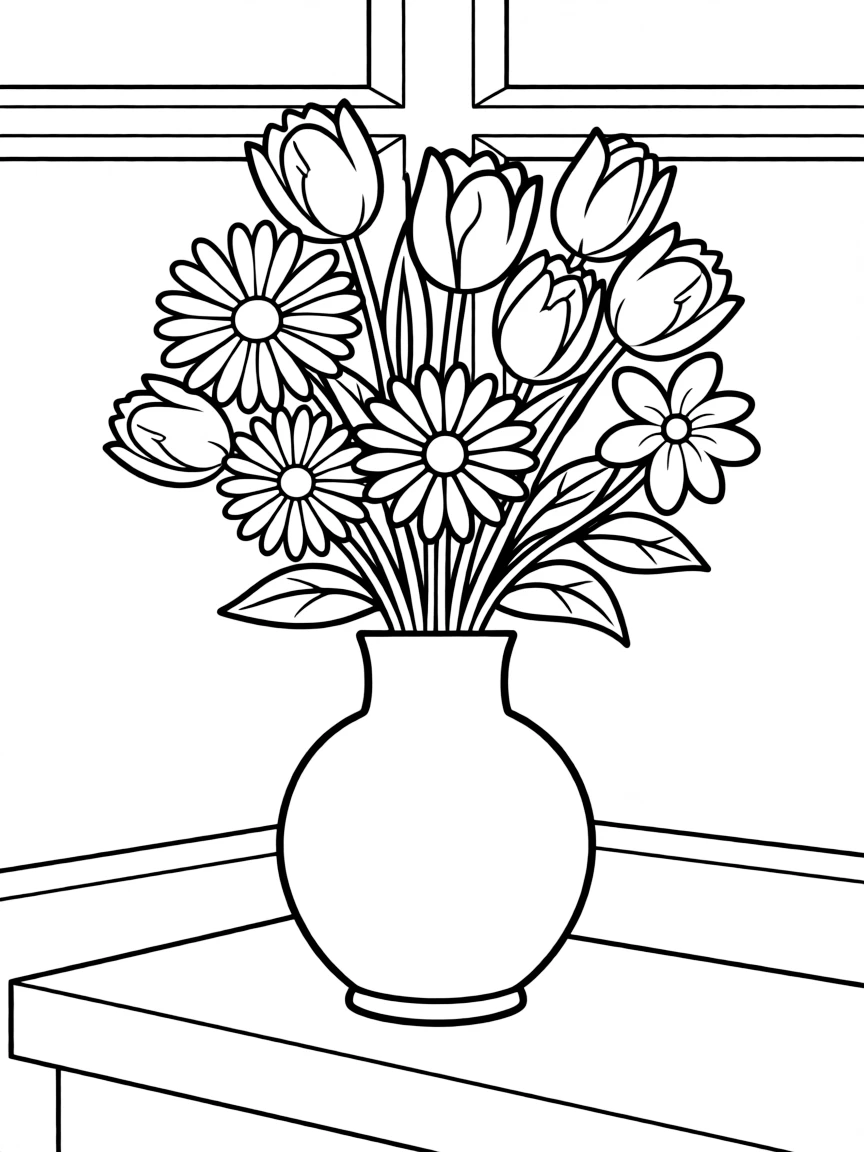 A vase of mixed flowers on a windowsill