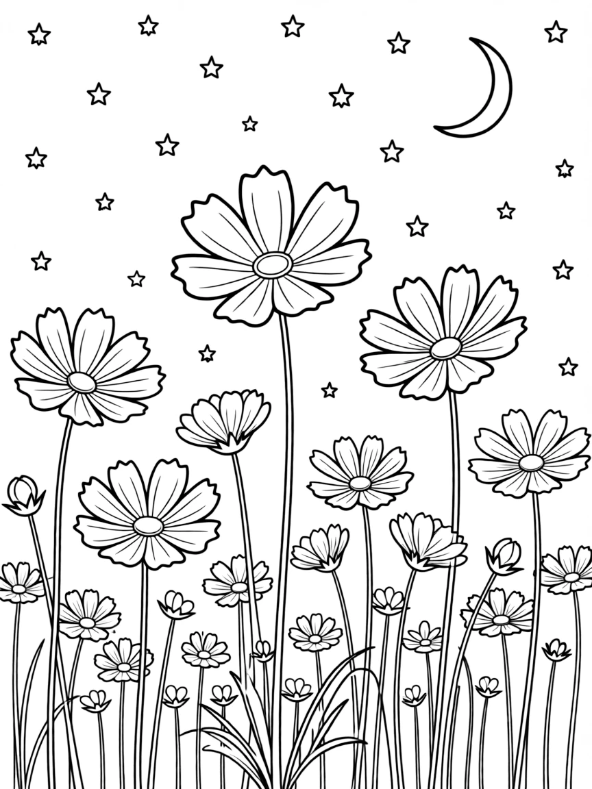 Cosmos flowers under a starry night sky