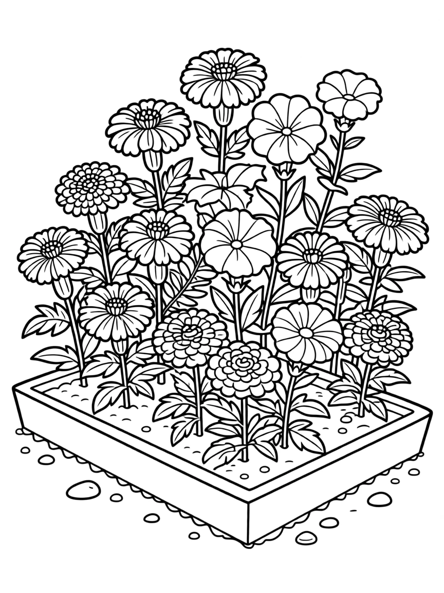 A garden bed with marigolds, petunias, and zinnias